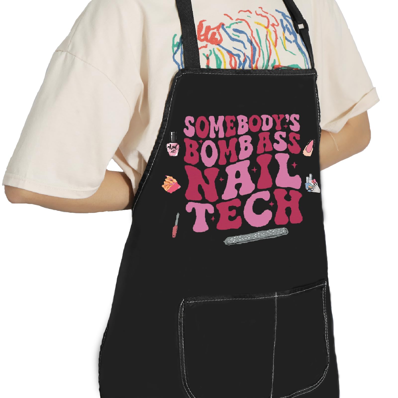 POFULL Nail Technician Gift Somebody’S Bomb Ass Nail Tech Apron Nail Artist Gift