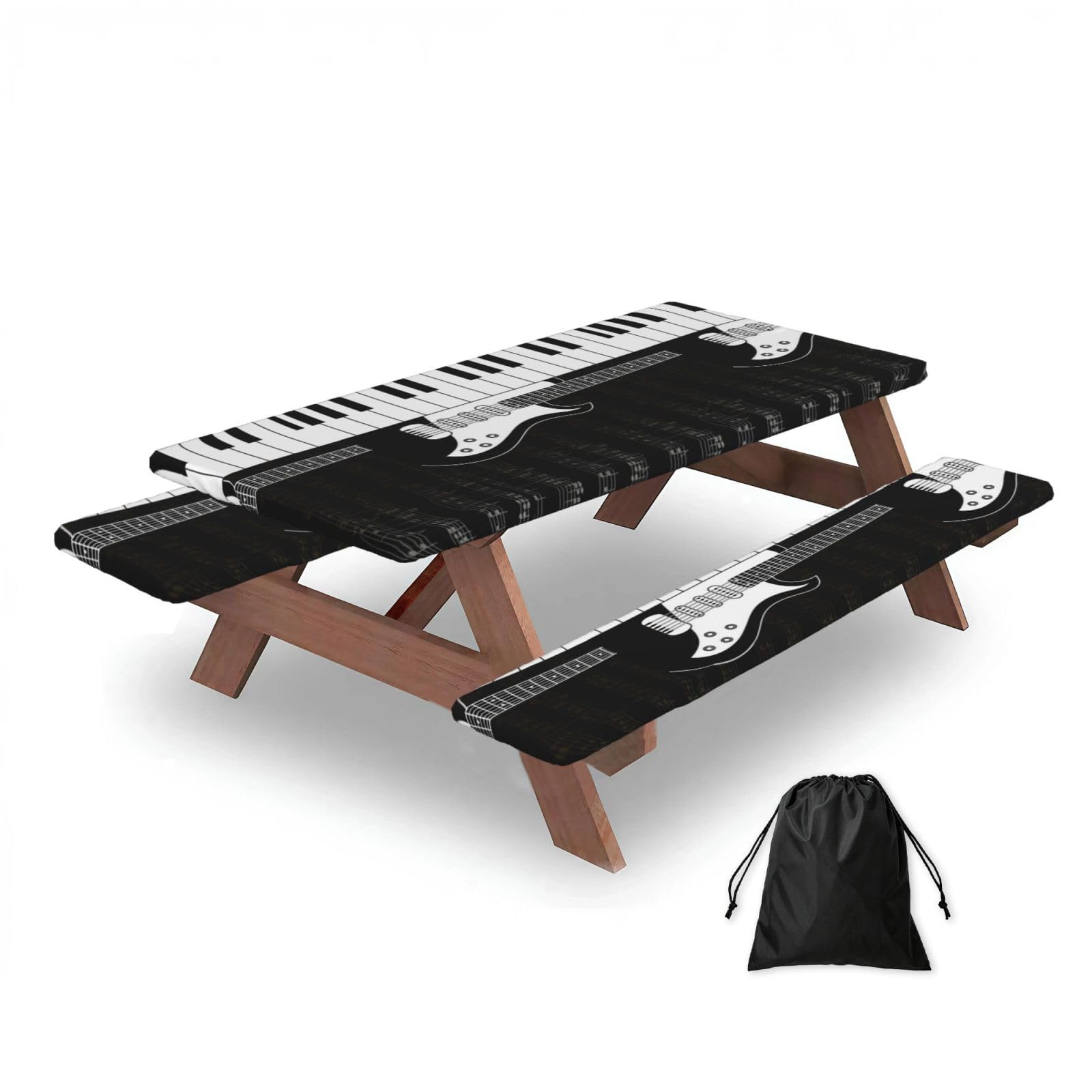 Guitar And Stave Notes, Picnic Table Cover With Bench Covers -Waterproof Elastic Fitted Tablecloth for Garden Camping Patio 76x152cm