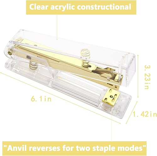 Miniatura 8 de Engrapadora acrílica dorada, engrapadora de escritorio, capacidad para 25 hojas, incluye 1000 grapas y removedor de grapas