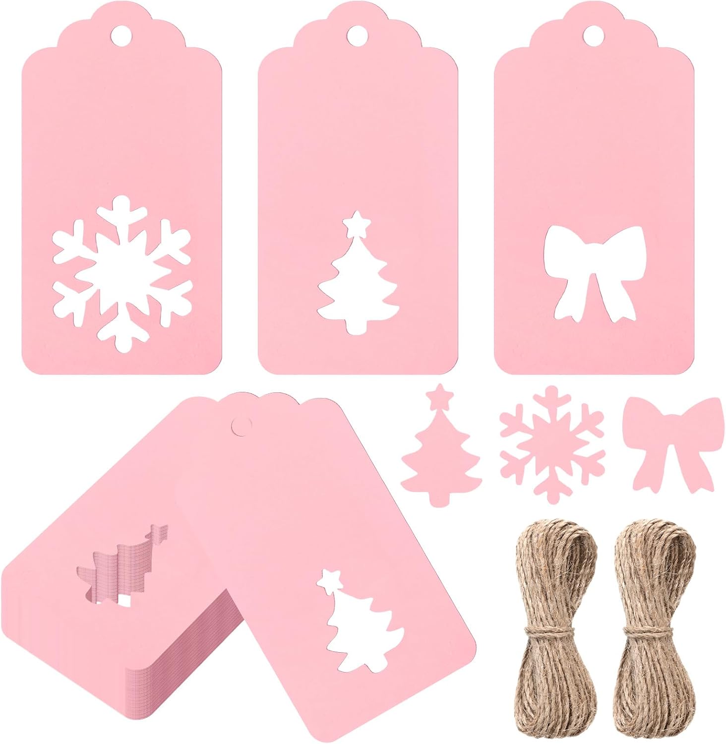 Civaner 120 Pcs Pink Valentines Day Gift Tags with String 2.2 x 3.7 in Pink Paper Valentines Name Tags Bulk Hanging Labels with Hollow Bow Xmas Tree Snowflake for Holiday Gift Wrapping DIY Craft