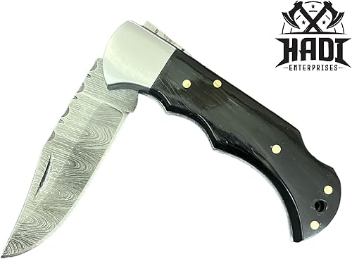 Miniatura 2 de HADI ENTERPRISES Cuchillo plegable de Damasco forjado a mano personalizado con bocina de toro y refuerzo de acero (FLK-019)