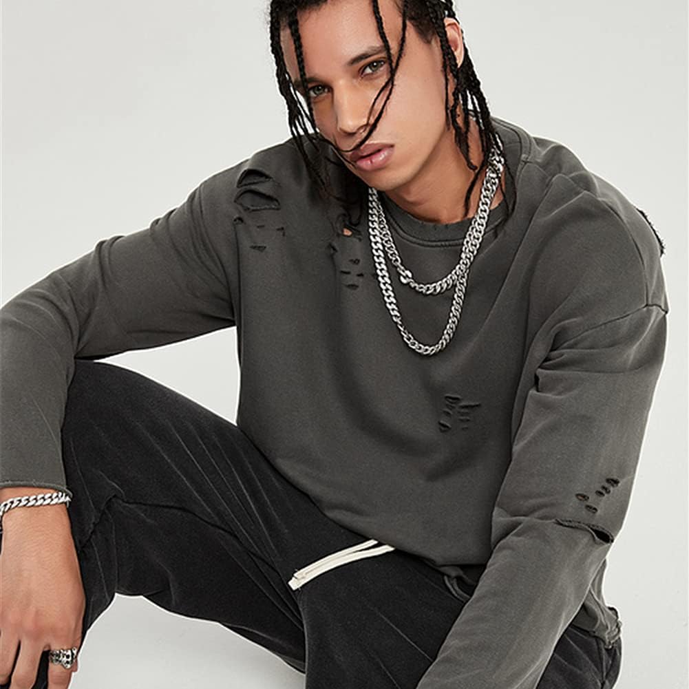Vintage Streetwear ripped Sweatshirt Men Fashion Autumn Solid Color Oversize Sweatshirt - Image 2