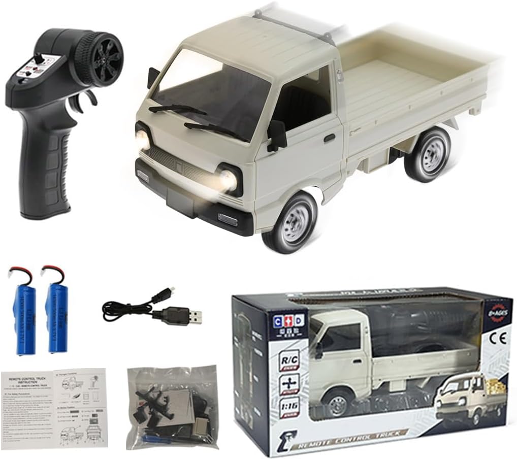 WPL D12mini 1/16 RC Mini Drift Climbing Truck with Front Light, 2.4G Remote Control Car Kei Off Road Truck DIY, Rear Drive Hobby Grade Toy 20 Minutes Runtime - Double Batteries