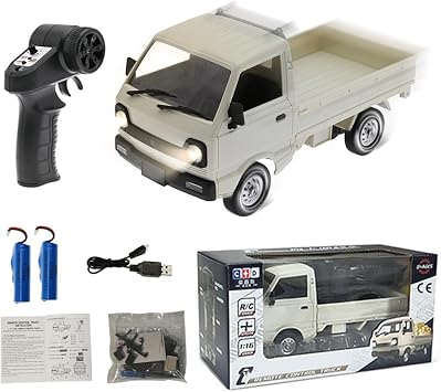WPL D12mini 1/16 RC Mini Drift Climbing Truck with Front Light, 2.4G Remote Control Car Kei Off Road Truck DIY, Rear Drive Hobby Grade Toy 20 Minutes Runtime - Double Batteries