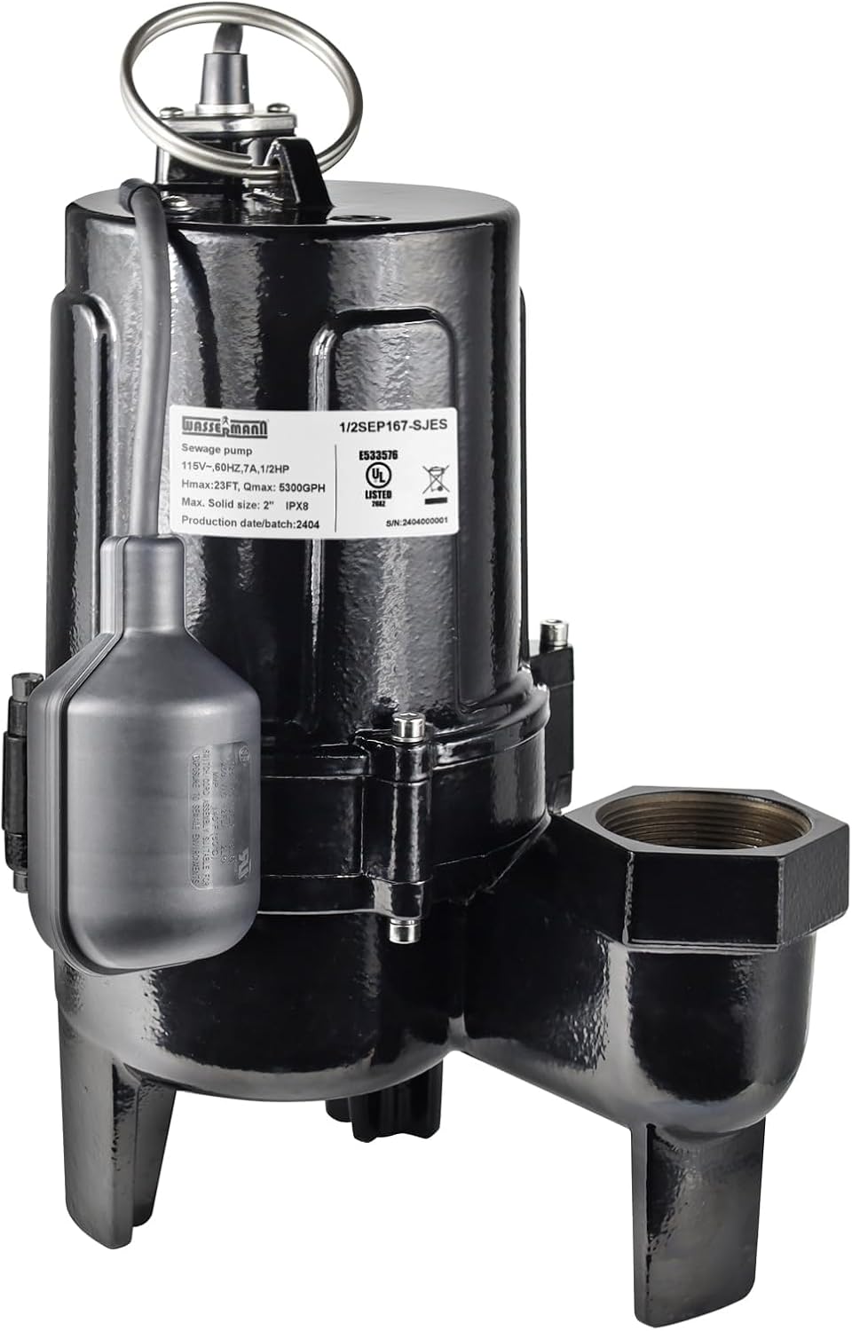 WASSERMANN 1/2 HP Sewage Pump with Auto Float Switch, 115V 5300 GPH Cast Iron Submersible Sewage Pump, Sump Pump for Basement Sump Basin Sewage Well 2" NPT Discharge with 10 FT Cable