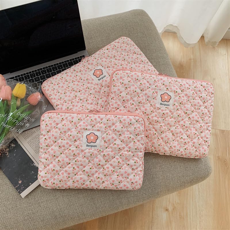 11-15.6 Inch Cute Puffy Laptop Sleeve Fairycore Floral Carrying Laptop Bag Cover Kawaii Aesthetic Tablet Liner Pouch Preppy Stuff Cottagecore Office Accessories (Pink,15 Inch)