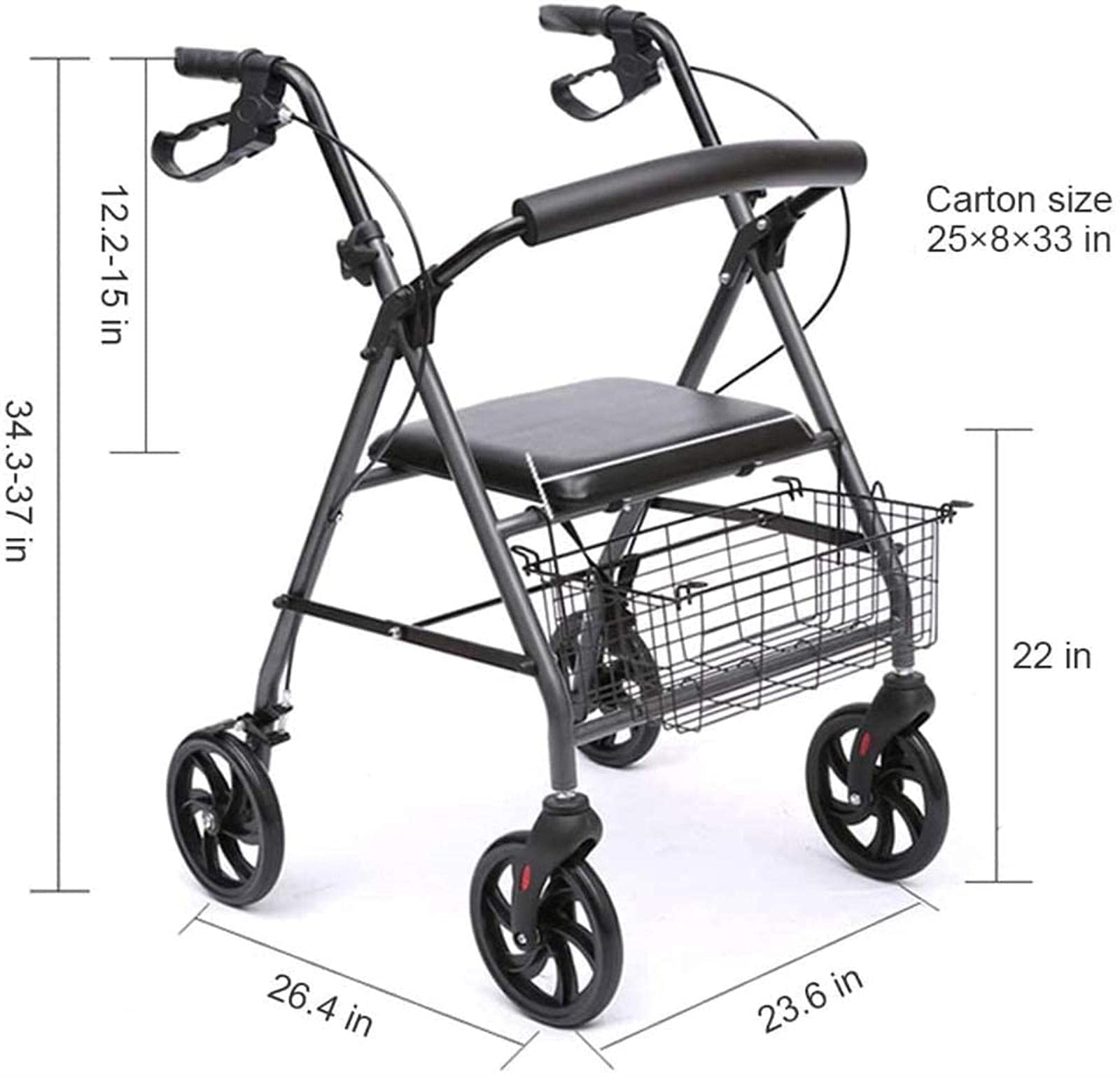 Rollator, vierrädriges Hilfsmittel aus Aluminium mit gepolstertem Sitz, Einkaufskorb, feststellbare Bremsen, ergonomische Griffe, leichte Faltrolle, Sehnsucht nach