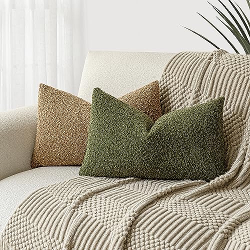 Image of Foindtower Pack of 2 Modern Textured Boucle Throw Pillow Covers Accent Solid Decorative Lumbar Pillow Cases Cozy Couch Cushion Case for Chair Sofa Bedroom Living Room Home Decor, 12 x 20 Inch,Green