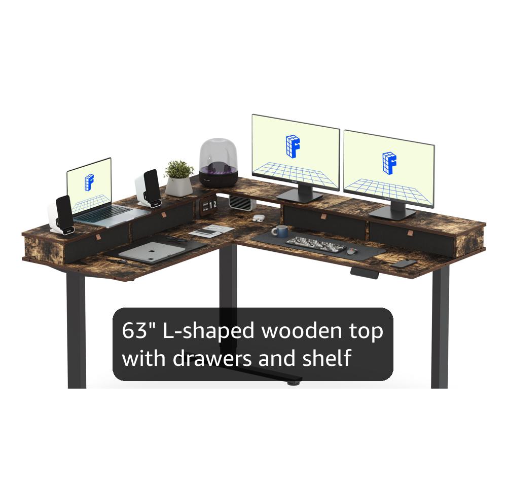 FLEXISPOT 63 L Shaped Standing Desk Electric Corner Table with Shelf, 4 Storage Drawers, Adjustable Computer Workstation for Home, Office, Game, Studio, Rustic Brown Top + Black Frame FLEXISPOT 63 L Shaped Standing Desk Electric Corner Table with Shelf, 4 Storage Drawers, Adjustable Computer Workstation for Home, Office, Game, Studio, Rustic Brown Top + Black Frame