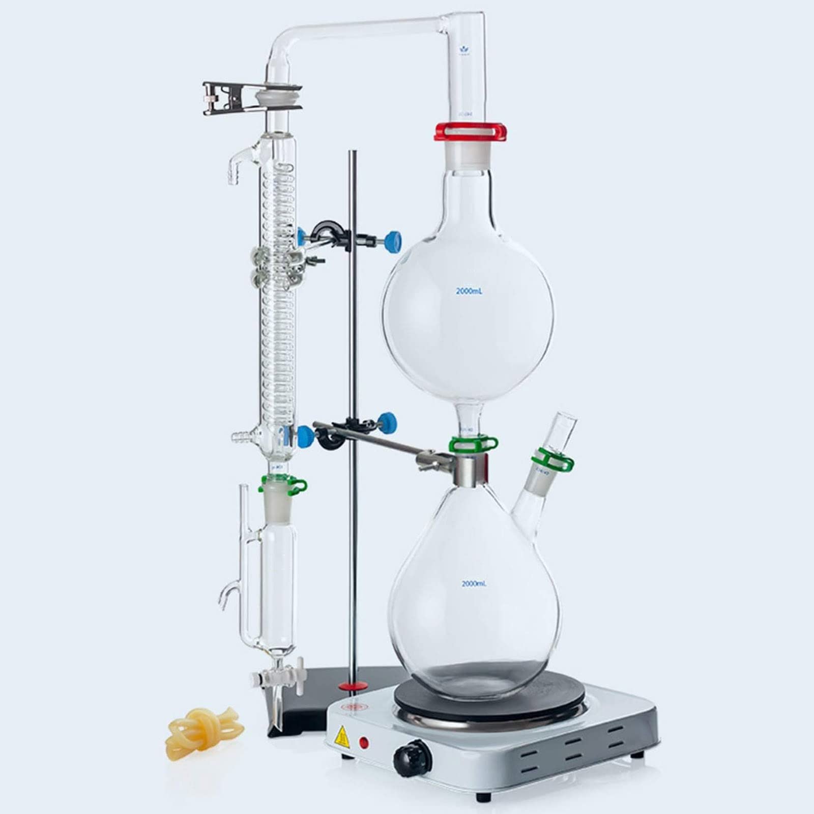 Aparato de destilación de Laboratorio, Aparato de extracción de aceites Esenciales de 2000 ml, Kit de cristalería de destilación al Vapor de Vidrio, con Condensador de Estufa Caliente, Equipo de ens