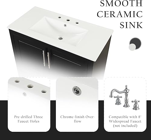 Miniatura 6 de Harper & Bright Designs Tocador de baño de 36 pulgadas con fregadero, juego de tocador de lavabo individual independiente con gabinete y 3 cajones,