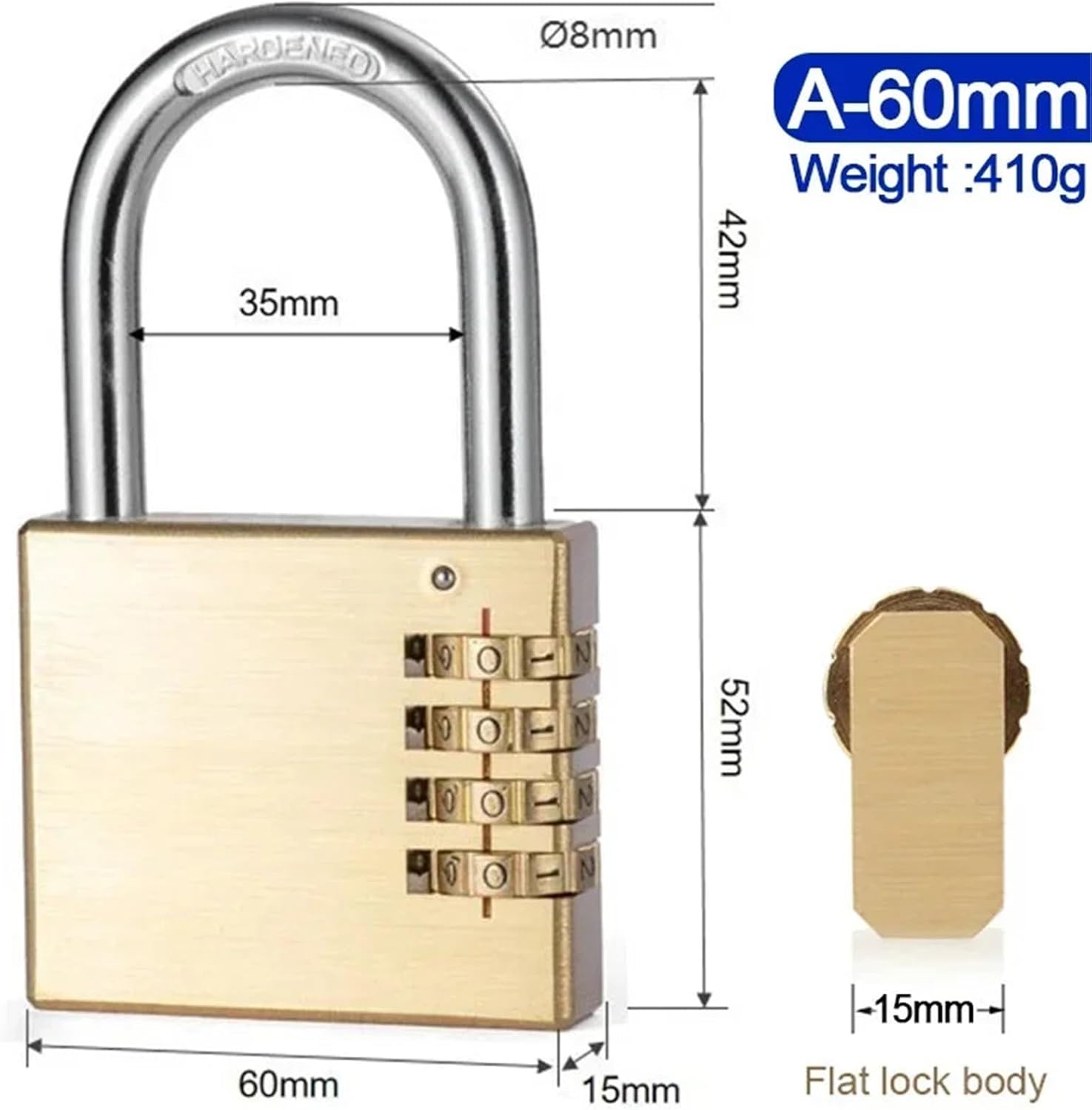 Password Lock for Door Solid Brass Digital Combination Padlock Gym Outdoor Locker Copper Stainless Steel 1Pcs(Flat 60mm 4 Digit)