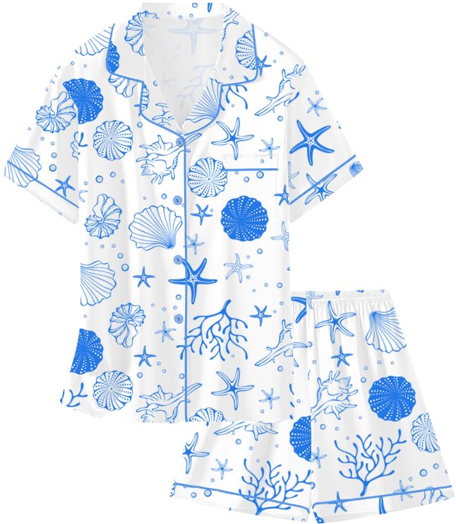 Image of Schbbbta Girls Womens Pajamas, Satin Silky Pjs Set Kids 2Pcs Button-Down Nightwear Sleepwear Gift for Mommy and me