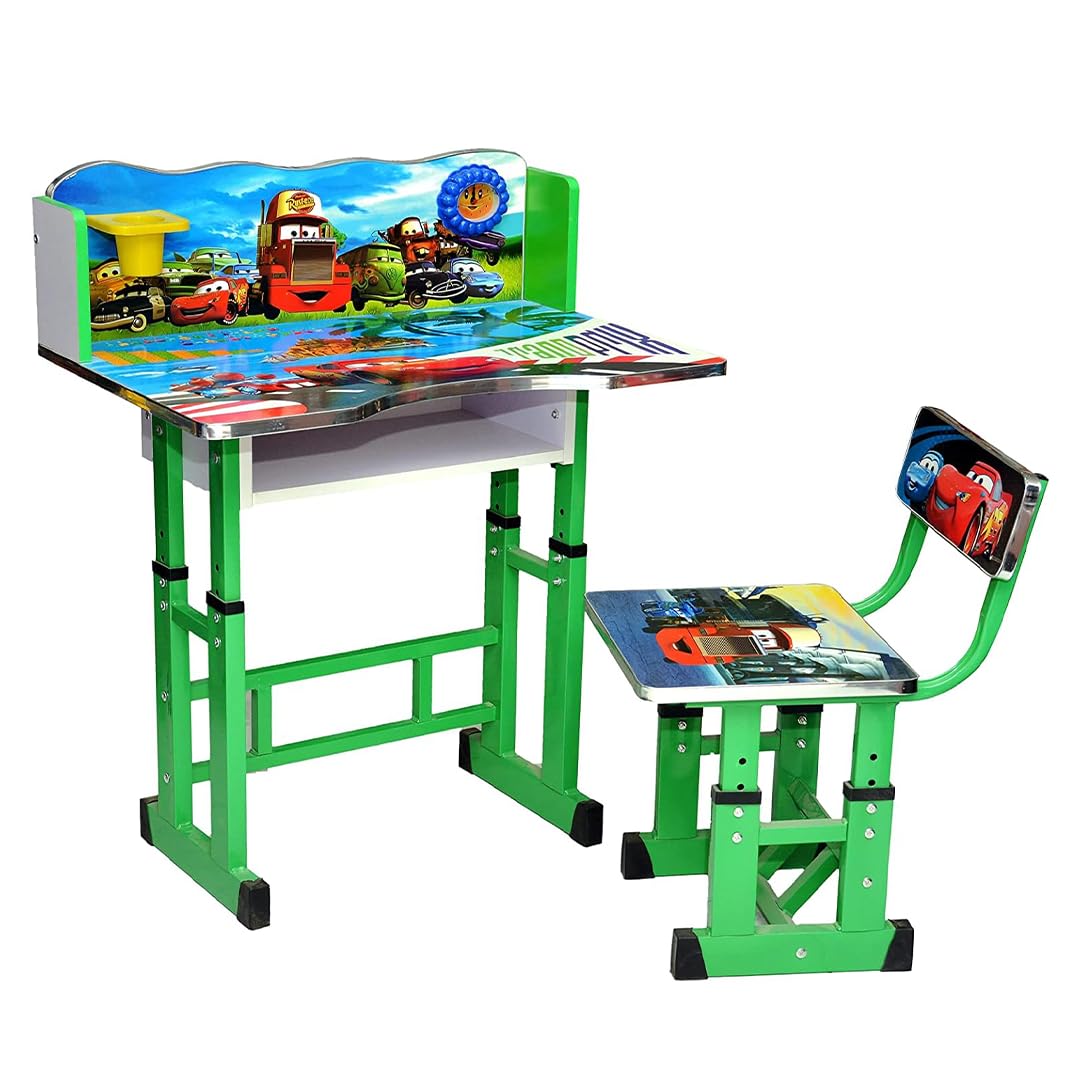 Multi Home Furniture Blue Adjustable Kids Study Table and Chair Set – Ergonomic Study Desk with Drawer, Tilted Desktop & Footrest – Homework Desk for Boys, Children Aged 3–14, Cars Cartoon Theme