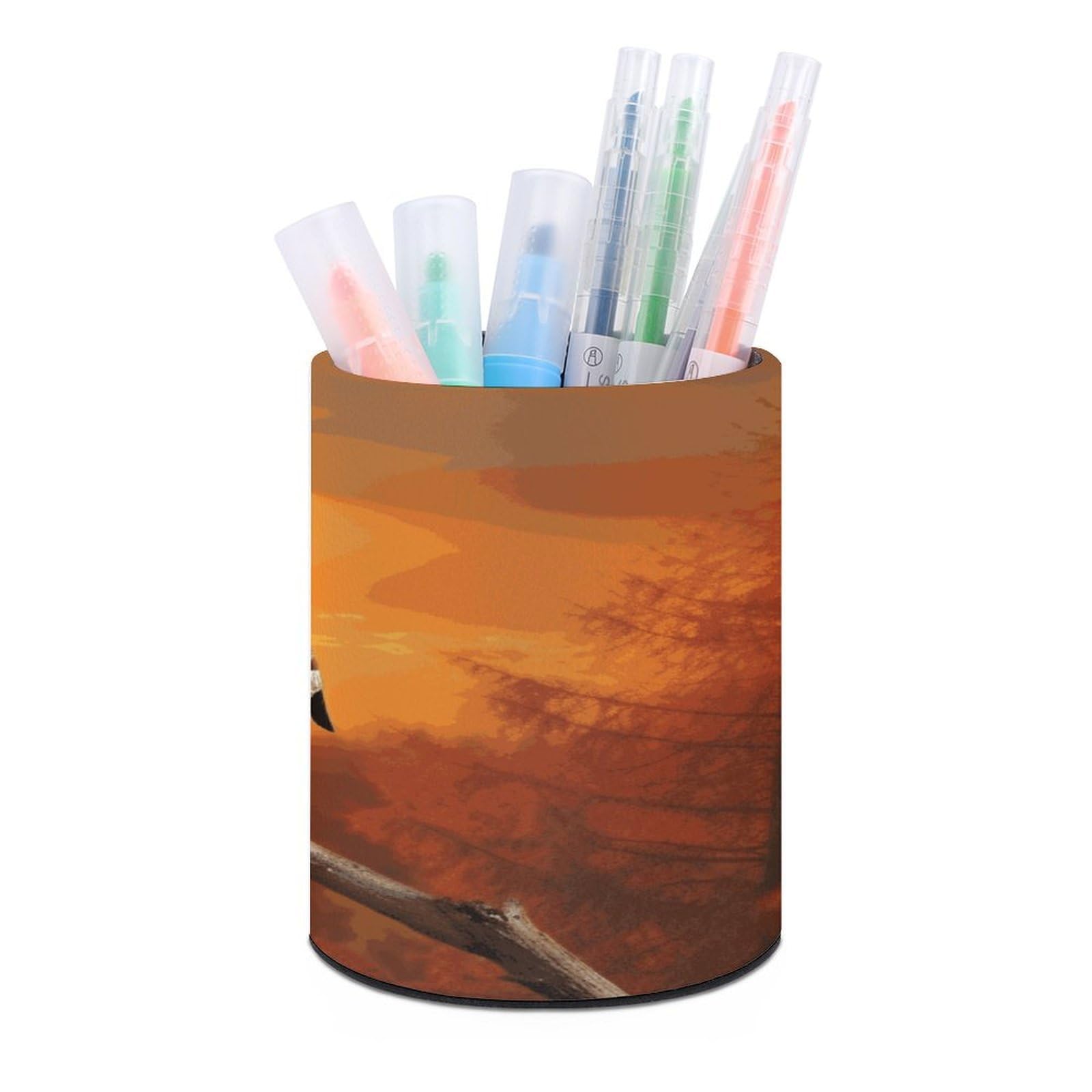 MUSM Golden Sunset Bald Eagle Pen Holder Round PU Leather Pencil Cup Waterproof Pencil Holder for Desk Pen Cup Pen Organizer Pencil Organizer Makeup Brush Holders for Home Office Decor