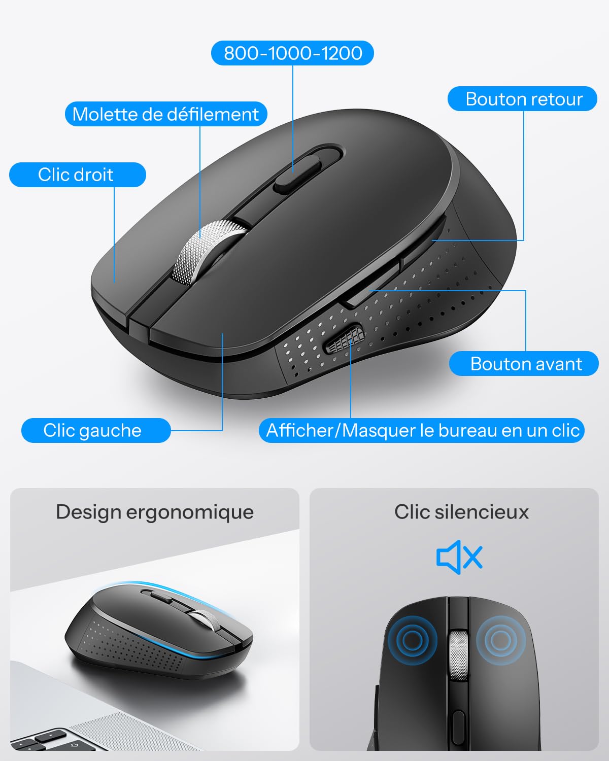 OMOTON Ensemble Clavier et Souris sans Fil AZERTY 2.4GHz pour Windows