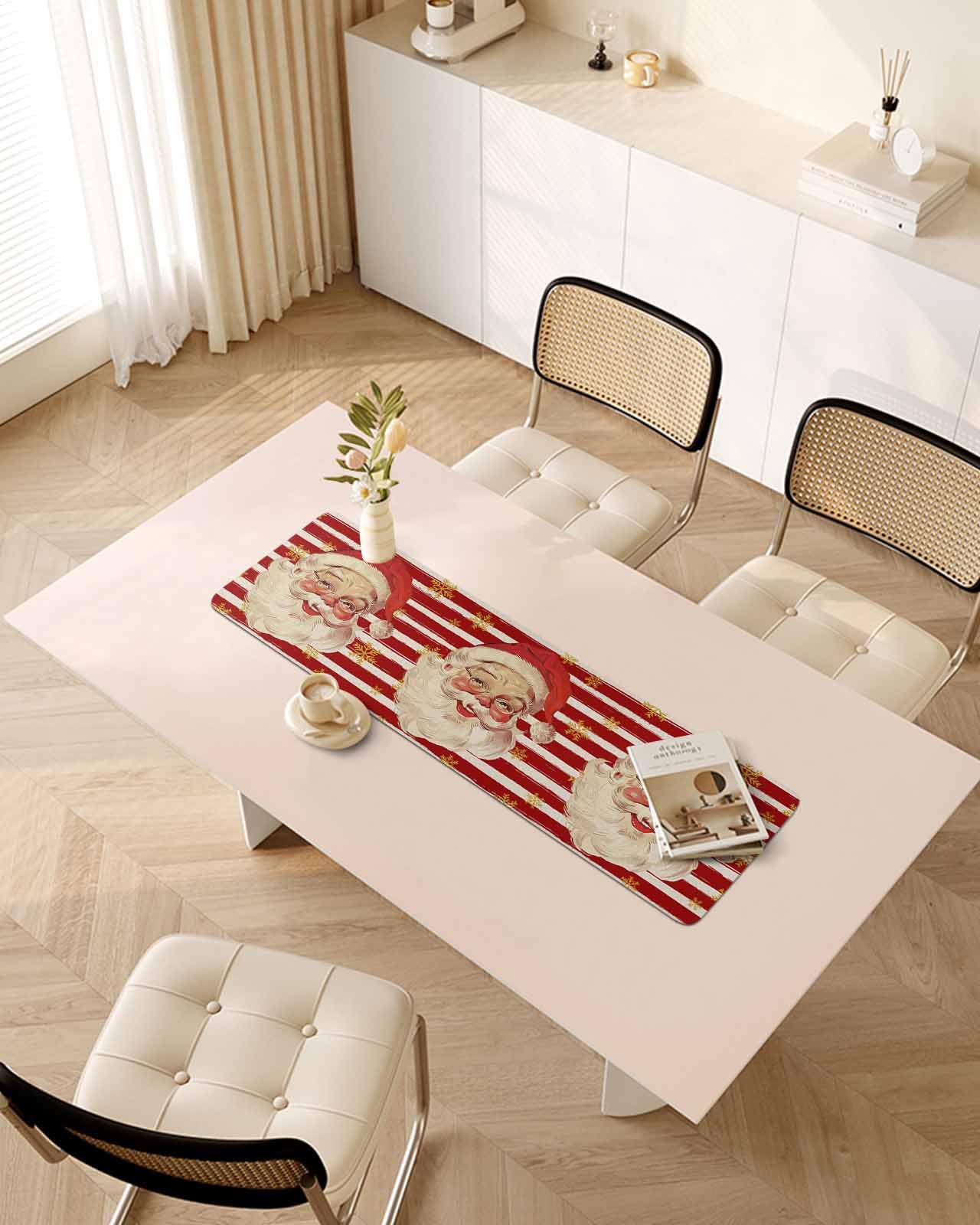 Debedcor Heat Proof Table Pads Waterproof Decorative, Red Christmas Santa Non-Slip Table Countertop Protector, Xmas Snowflake Striped Burlap Insulation Mat for Dining Room, 48 x 12 Inches