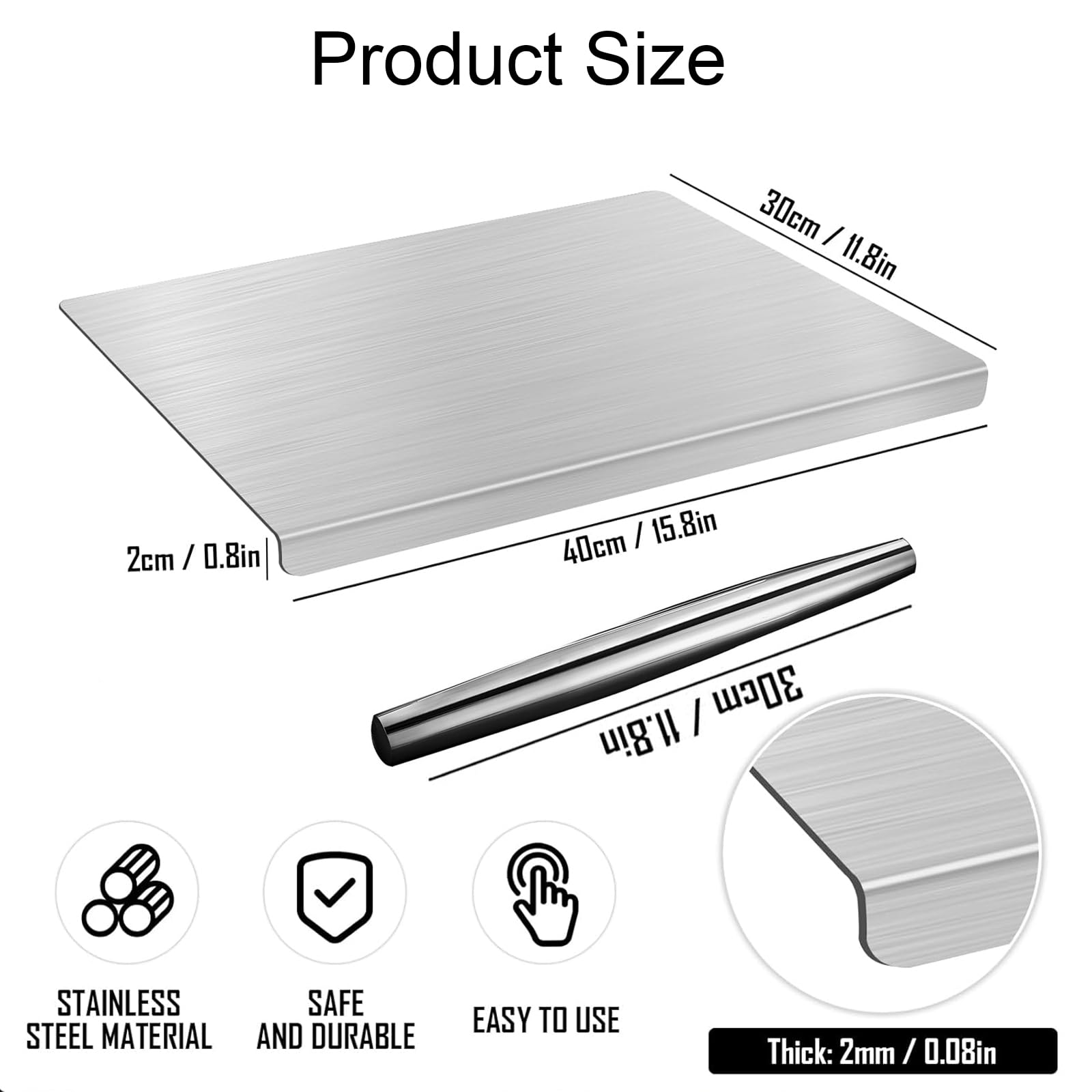 Tabla de cortar de acero inoxidable 30 x 40 cm, Tabla de cortar de acero inoxidable 304 para amasar, tablas de cortar de metal con borde de parada para amasar, para cocina, restaurante