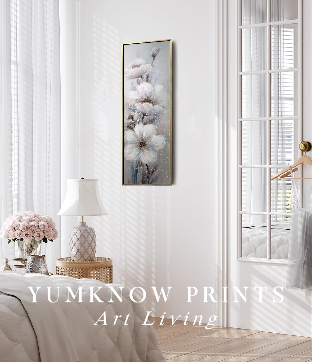 Modern White Flower Framed Canvas Wall Art, 13.5x40 Long Narrow Blue Floral Painting Wall Decor, Farmhouse Vertical Botanical Plant Wall Pictures for Office Bedroom Living Room Bathroom Kitchen