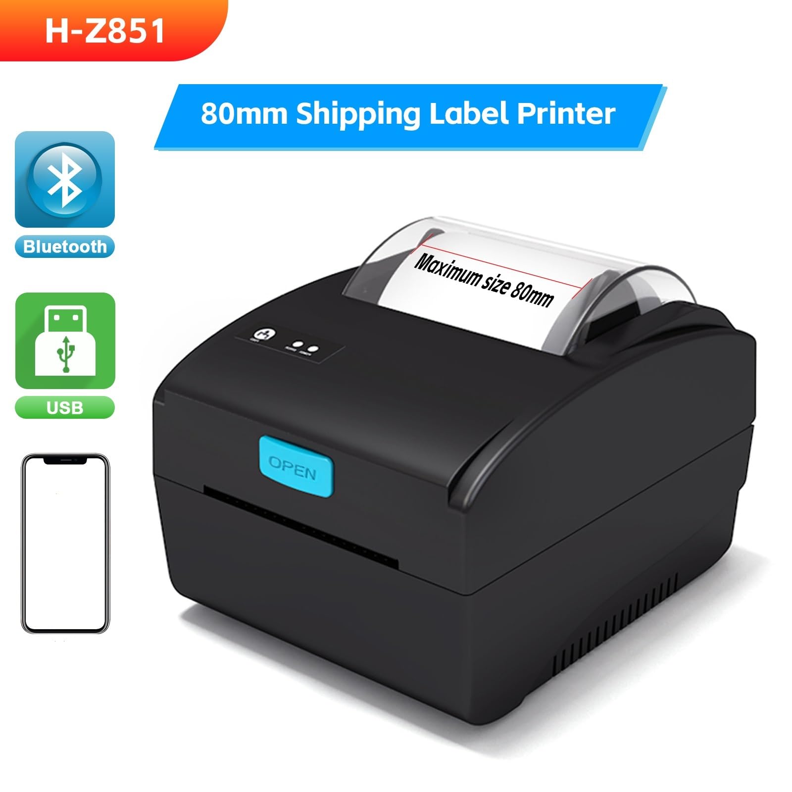 Producent etykiet, 80 Mm Termiczna Drukarka Etykiet, Kod QR, Urządzenie Do Naklejania Naklejek, XP 365b H-Z851, Drukowanie Przez USB I Bluetooth, do domu, kuchni, biura(H-Z851-USB-Bluetooth)