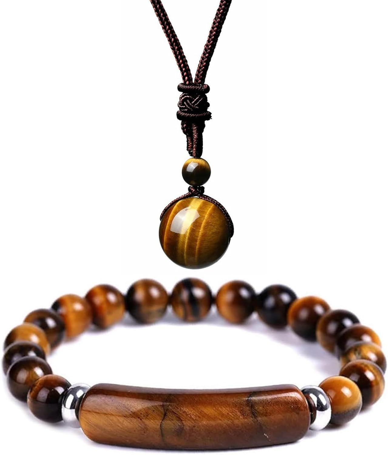 LIU JUN Tiger Eye Bracelet Men, Set of 2 Natural Tiger Eye Necklace Bracelet Adjustable Braided Rope Natural Stone Pendant Natural Stone Bracelet For Men Valentine's Day Birthday Gift
