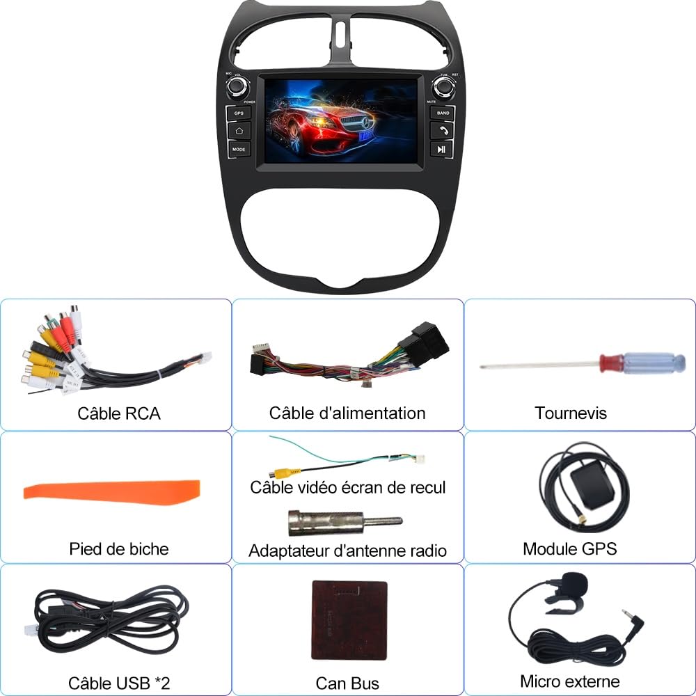 AWESAFE Autoradio Android 13 pour Peugeot 206/206cc (2002-2010), Écran Tactile 7 Pouces 2Go+32Go, CarPlay & Android Auto, GPS WiFi Bluetooth FM, Commandes au Volant, MirrorLink, Aide au Stationnement