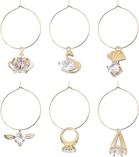 Pride & par Juego de 6 dijes de copa de vino con temática real, marcadores para copas de vino, estilo vintage, cobre con diamantes de imitación,