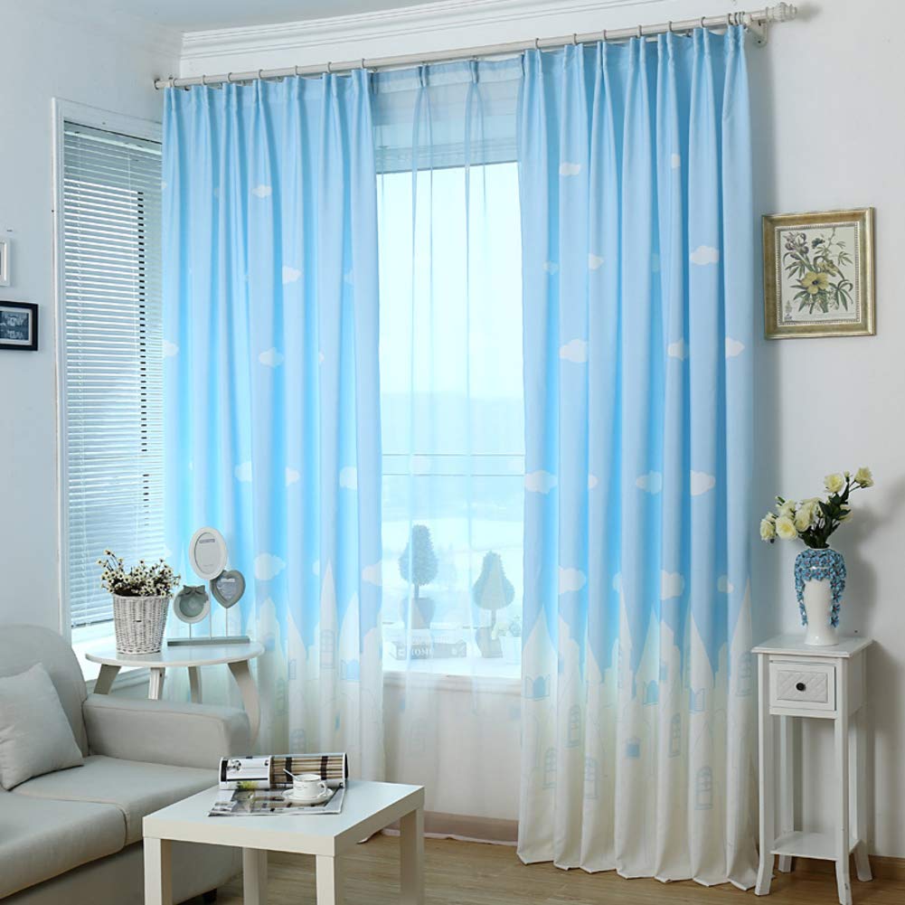 Rideaux pour kid's chambre occultants bleu ciel 200x270cm avec motifs châteaux féeriques