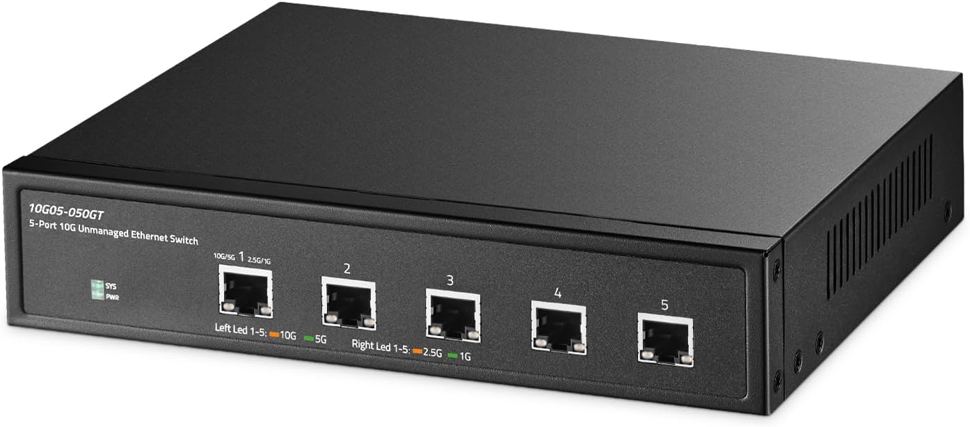 5 Port 10 Gigabit Unmanaged Switch, 5x10G RJ45 Ethernet, Support 1G/2.5G/5G/10G, 160Gbps Bandwidth, Metal Desktop Binardat Network Switch, for Gaming, NAS, Small Business, Plug & Play