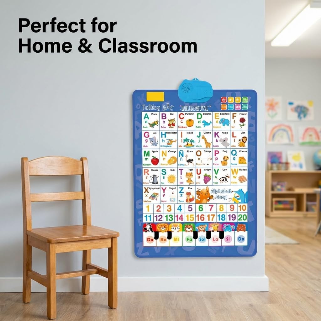 Talking Wall Charts for Kids, Bilingual English and Spanish Electronic Alphabet Poster, Interactive Talking Wall Chart for Toddlers