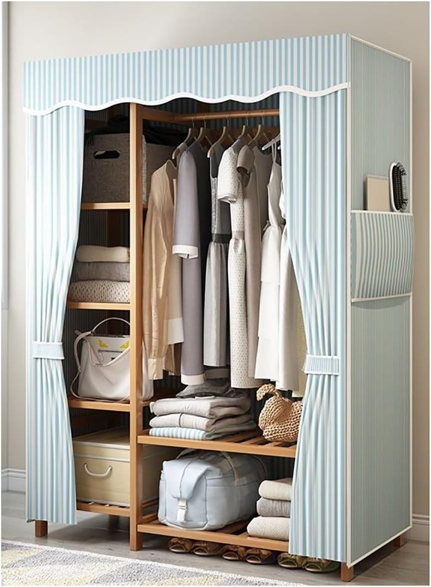 Portable Bamboo Closet Clothes Organizer Wooden Garment Rack With Fabric Cover Wardrobe Coat Stand With Storage Shelves For Bedroom (Color : Light Blue, Size : 90x41x165cm)