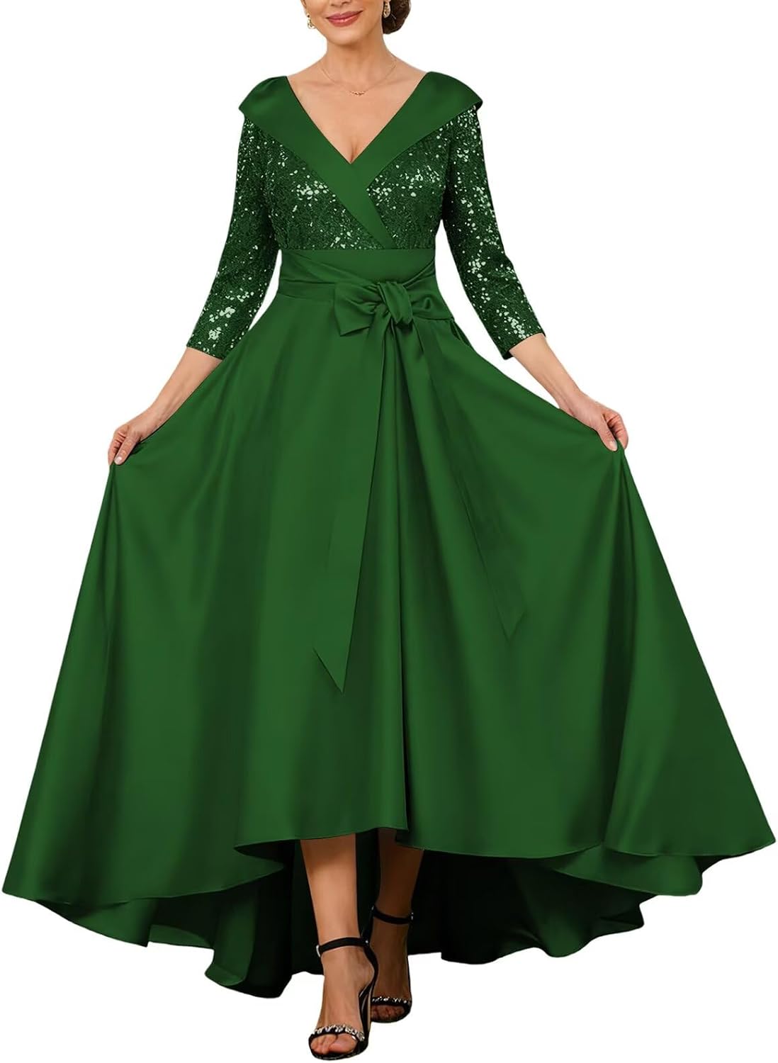 Sequin Mother of The Bride Dresses for Women Satin V Neck Elegant 3/4 Sleeve Sparkly A Line Evening Party Dress