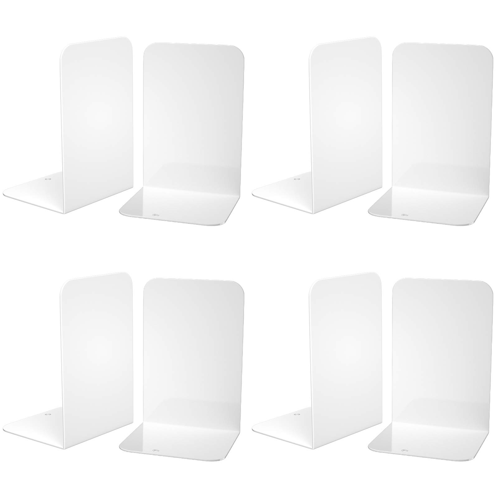 VFINEBookends 4 Pairs, White Metal Book Ends, Bookends for Shelves, Book Stopper for Heavy Books, Book Dividers for Home Office