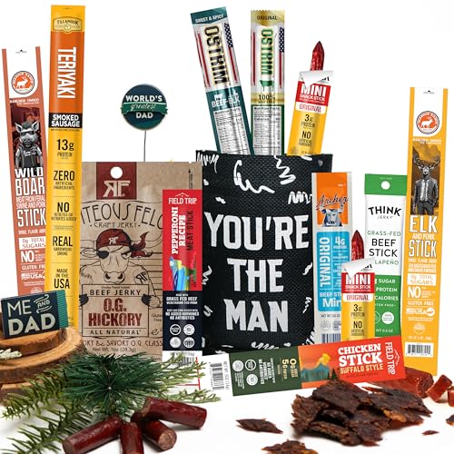 Image of Jerky Sticks for Men – Curated High Protein Snack Assortment – Beef & Turkey Jerky Variety Pack – Exotic Meat Gift Set – Alternative Gift Basket for Men & Women