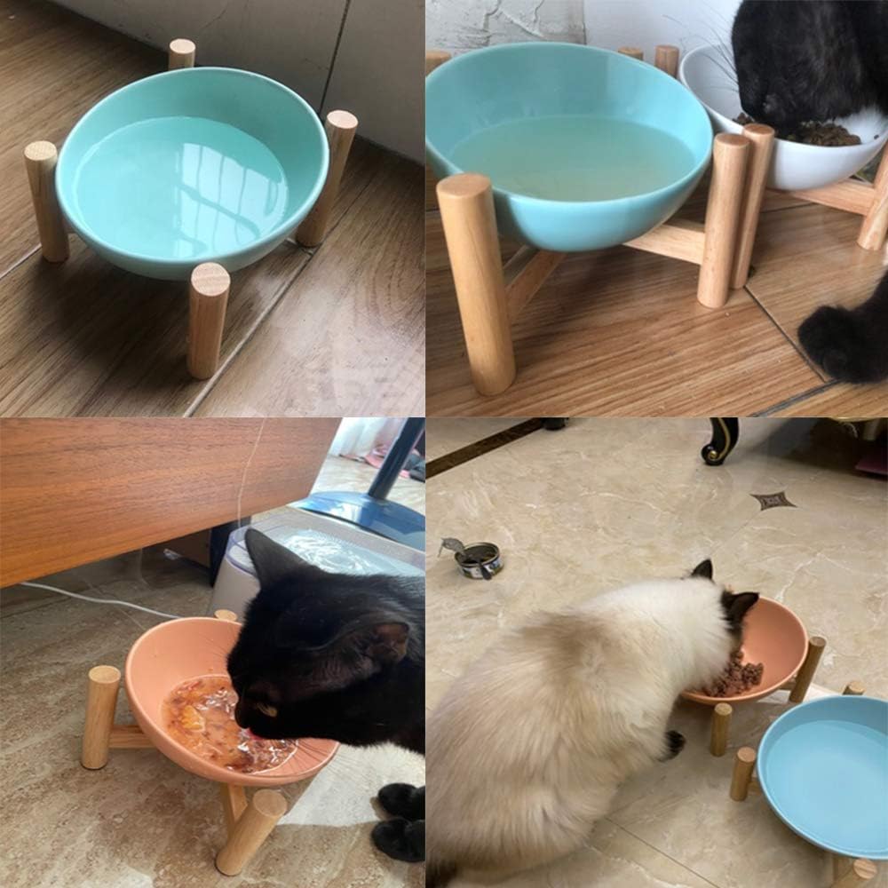 Ceramic Tilted Elevated Raised Pet Bowl with Wood Stand for Cats and Dogs No Spill Pet Food Water Feeder Slanted Cat Dish, Hold 12 Oz, Stress Free (White)
