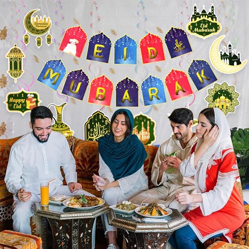 Image of Rozi Decoration Eid Mubarak Balloons Decorations Set of 41 Pcs with Blue, White & Red Balloons Decoration for Ramzan, Eid, Un Nabi Celebrations; Paper, Rubber