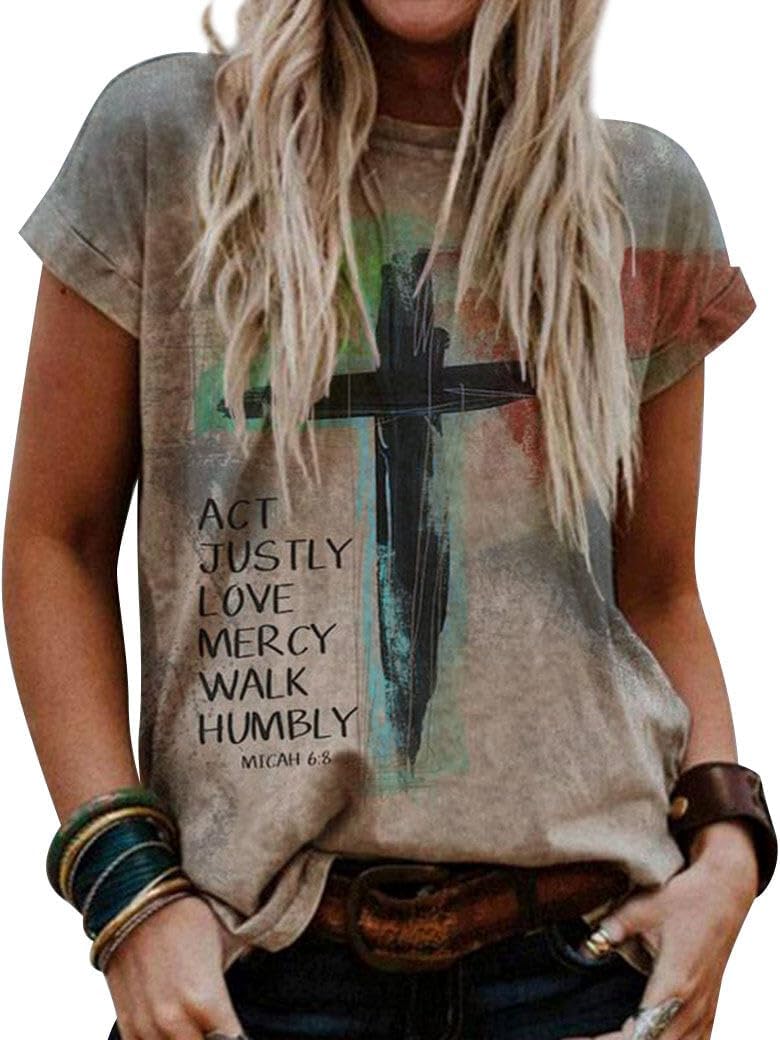 Christian T-Shirt Women Crewneck Short Sleeve Cross Letter Print Graphic Tops