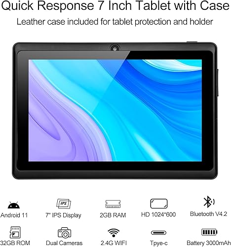 Miniatura 6 de ATMPC Tablet de 7 pulgadas Android 11 2GB+32GB Mini Tablet con pantalla HD IPS GMS Dual Cámara WiFi Tablet con estuche (negro)