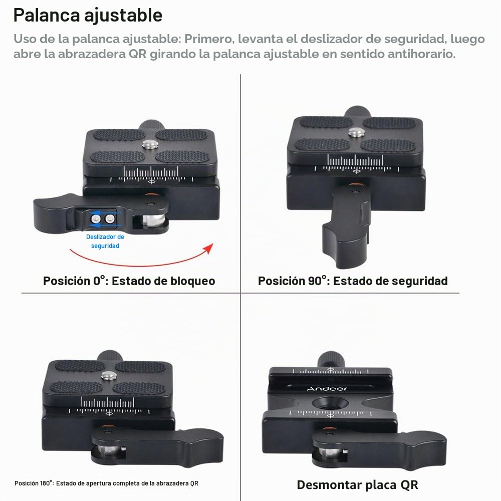 Andoer CL-50LS Tensor Rápido y Zapata Rápida con Palanca Ajustable Botón Tipo de 1/4"y 3/8" Tornillo Agujeros Compatible para Estándar Zapata Rápida Rótula de Trípode