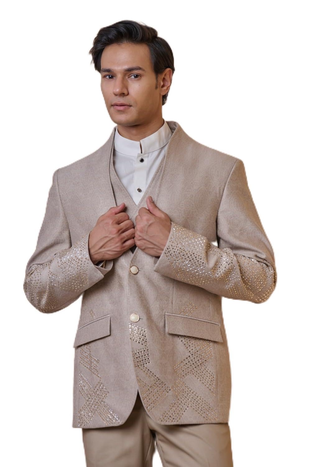 tasva Beige Jacquard Dinner Jacket Set-picture-19