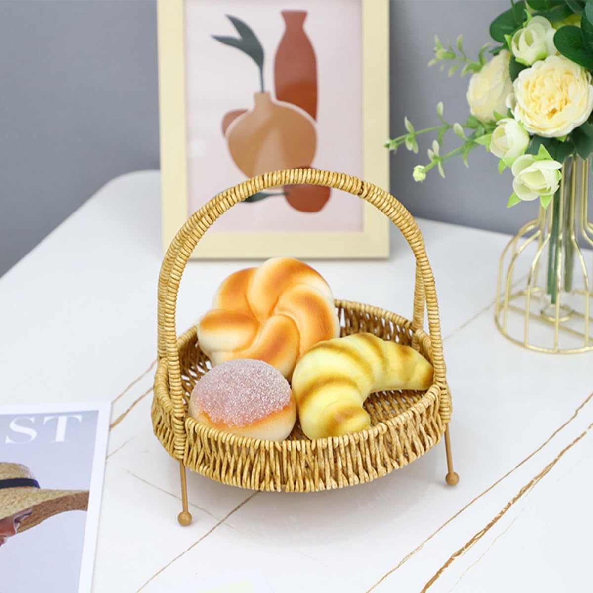 Wicker Fruit and Bread Basket Single-layer Rattan Serving Tray Food Storage Organizer for Kitchen and Dining Countertop