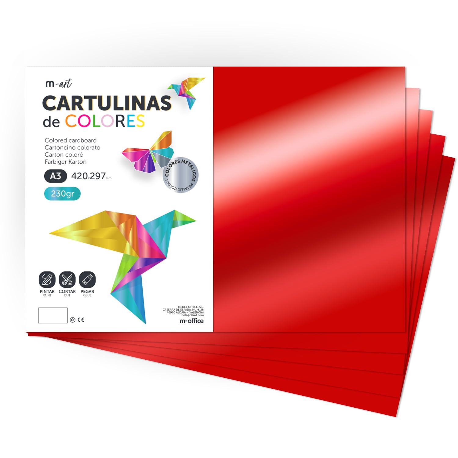 Cartulina de Colores Metalizadas, Cartulina Grande A3 (29,7x42cm) Cartulinas de Colores 230gr para Manualidades, Diseños Creativos y Proyectos de Arte, Brillo Reflectante · m-office (125 hojas, Rojo)