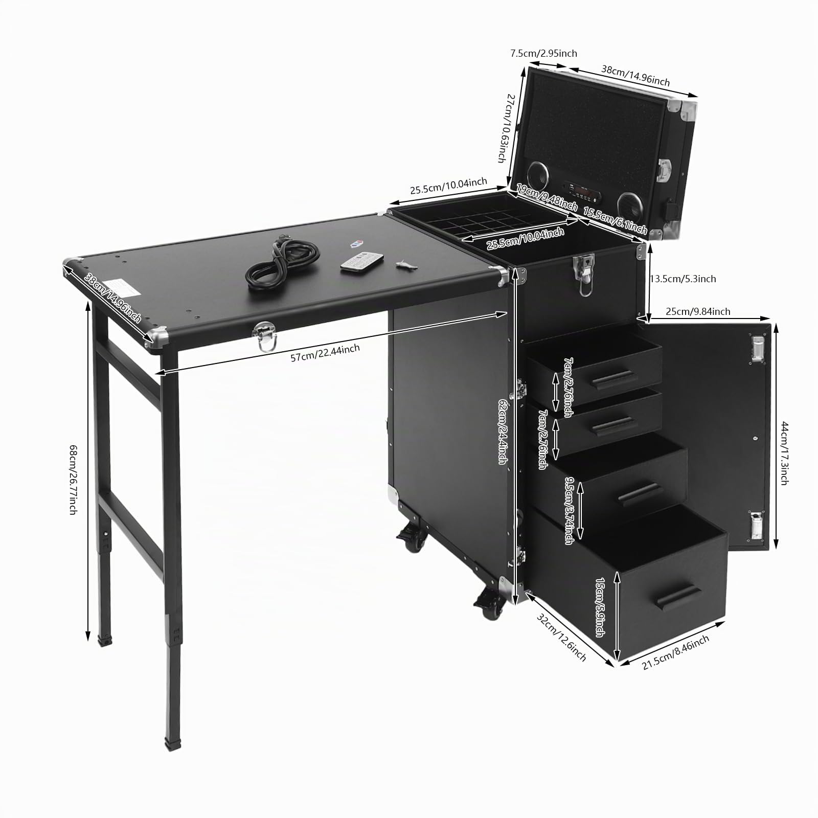 Rolling - Tavolo per manicure, per trucchi, pieghevole, con conservazione, ruote a 360° con freni, per salone di bellezza e uso domestico, Nero , moderno