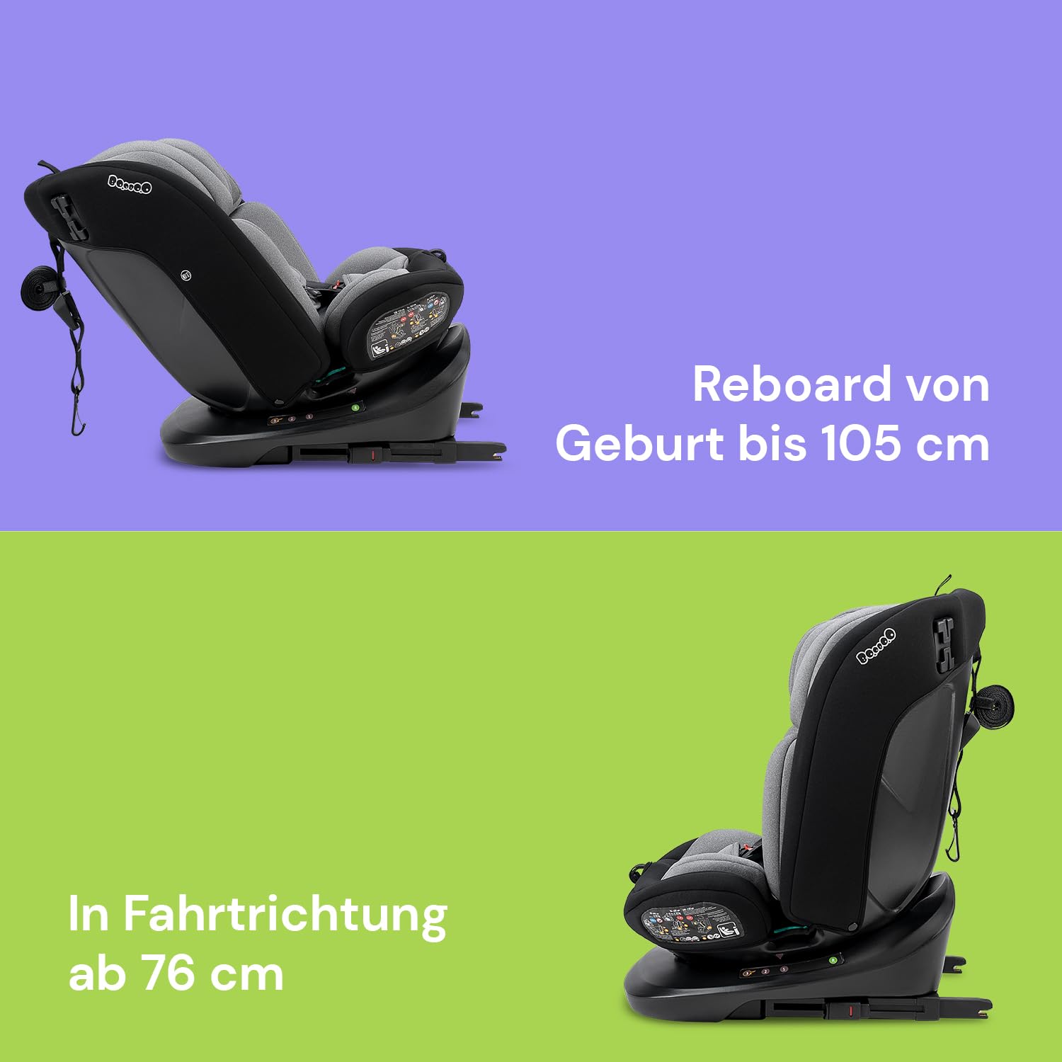Booboo Safety Lissabon – Der flexible 360° drehbare Kindersitz (40-150 cm), sicher & mitwachsend, Reboard bis 4 Jahre, Isofix & Top-Tether, extra Komfort – Black Grey