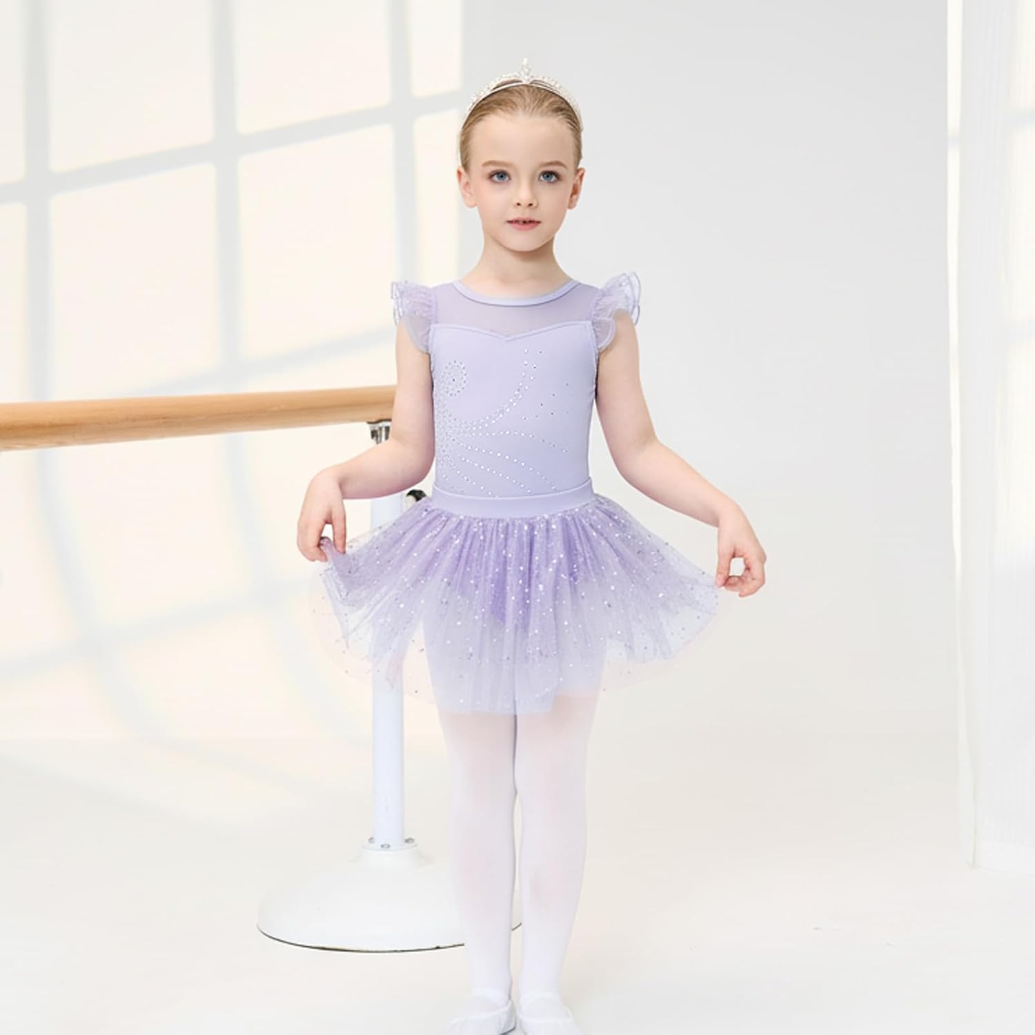 Girls Ballet Leotards 3 Pcs Set Ruffle Sleeve Dance Dress with Removable Tutu & Scrunchy Bow Back Combo - Image 3
