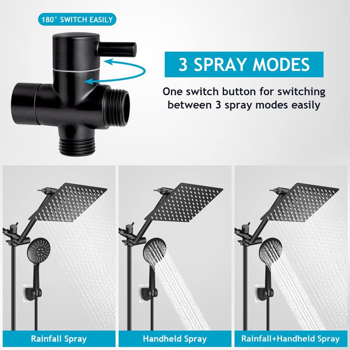 XaGai Shower Head,8 Inch Rain ShowerHead with 11 Inch Adjustment Extension Arm/High Pressure Handheld Shower Head Combo,3 Spray Setting HandHeld Showerhead with 60'' Hose/Adhesive Bracket-Matte Black