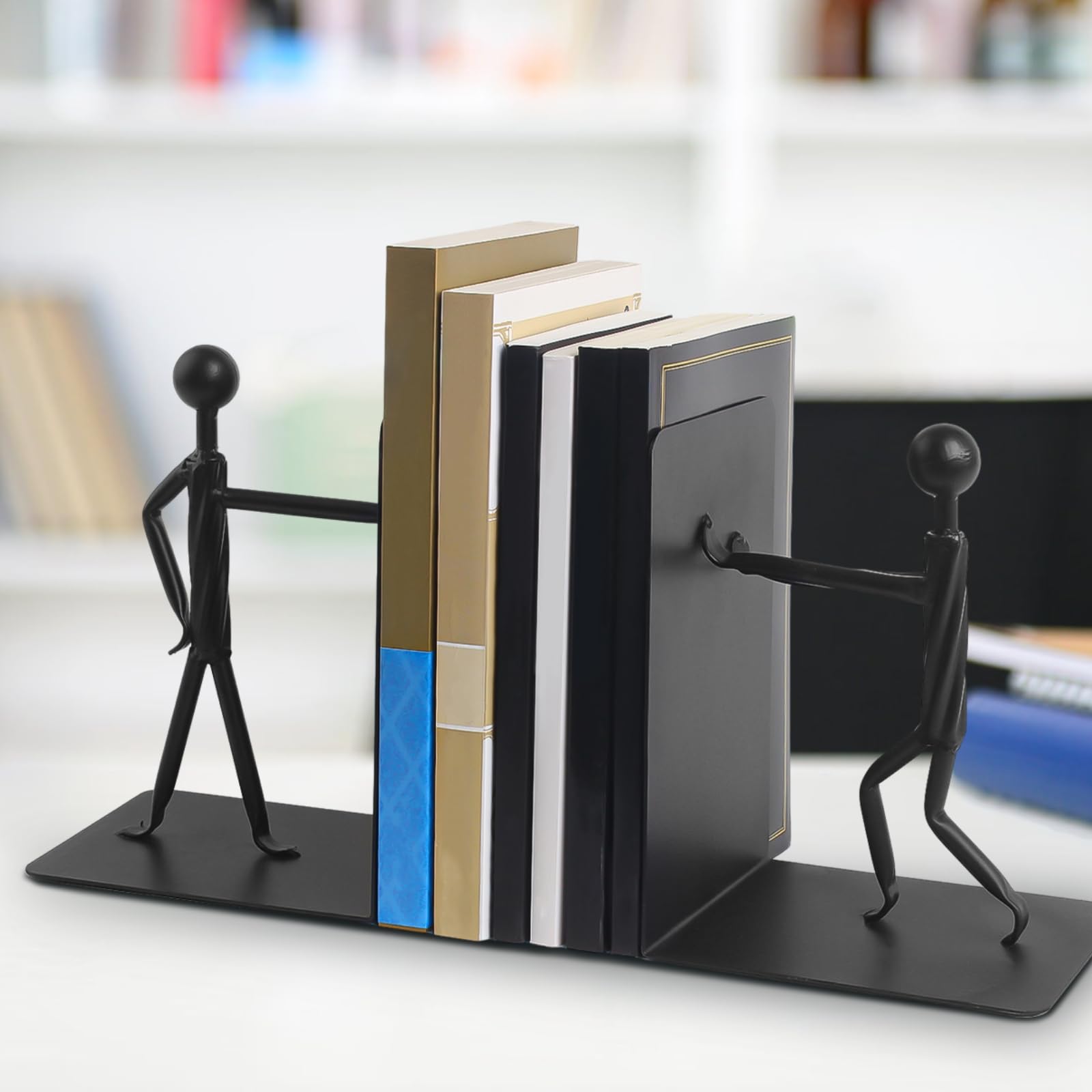 Robuste schwarze Metall-Buchstützen, abstraktes menschliches Design, ideal für Regale, Bürotisch, Buchhalter mit rutschfester Unterseite