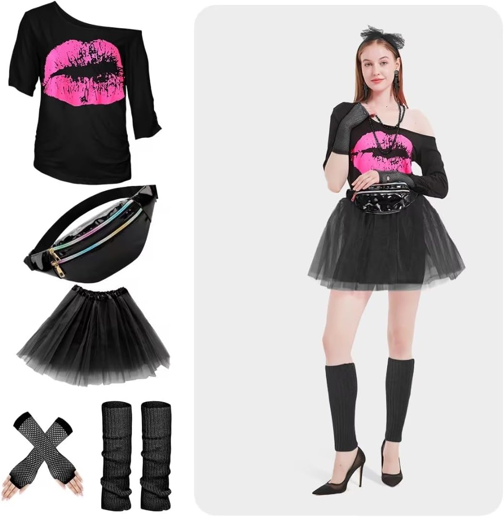 WILDPARTY 80s Costume Accessories for Women, T-Shirt Tutu Fanny Pack Headband Earring Necklace Fishnet Gloves Legwarmers - Image 4