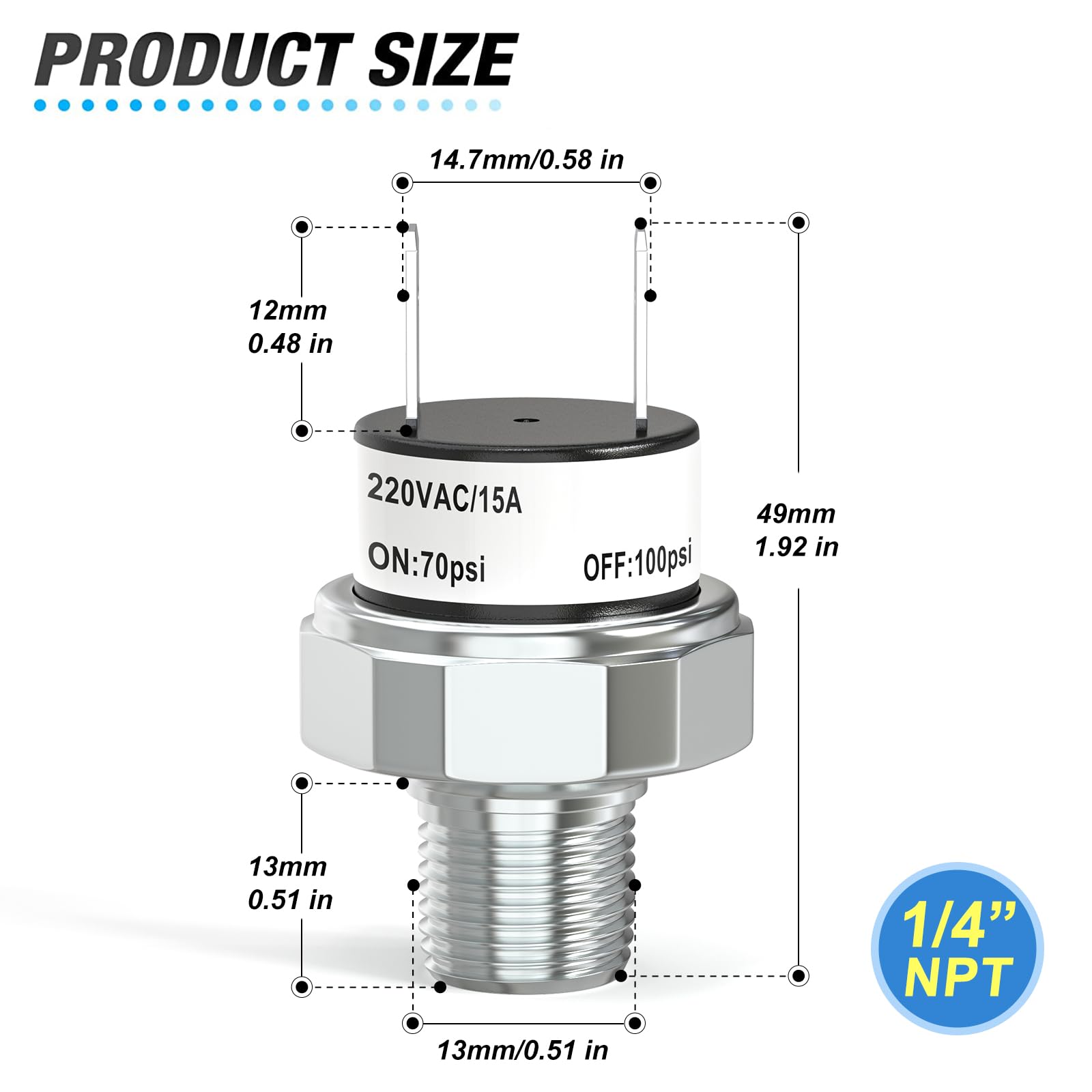 Grelua 1 Pièce Pressostat D'air 90-120 PSI, Filetage 1/8 "NPT, 24V 12V