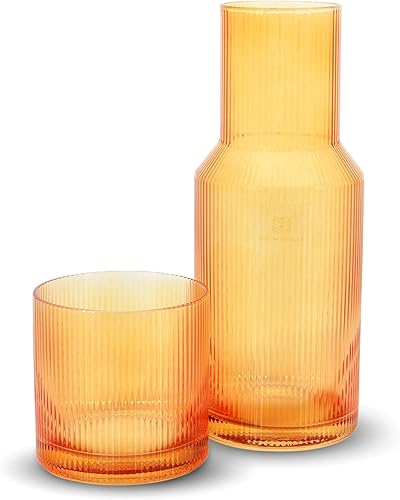 Miniatura 9 de Bruno Magli Jarra negra acanalada  Juego de 2 piezas  Vaso de vidrio para beber se dobla como una tapa  Elegante jarra de agua para mesita de noche